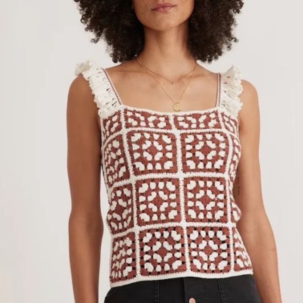 Marine Layer Cream and Brown Crochet Square Tank Top
